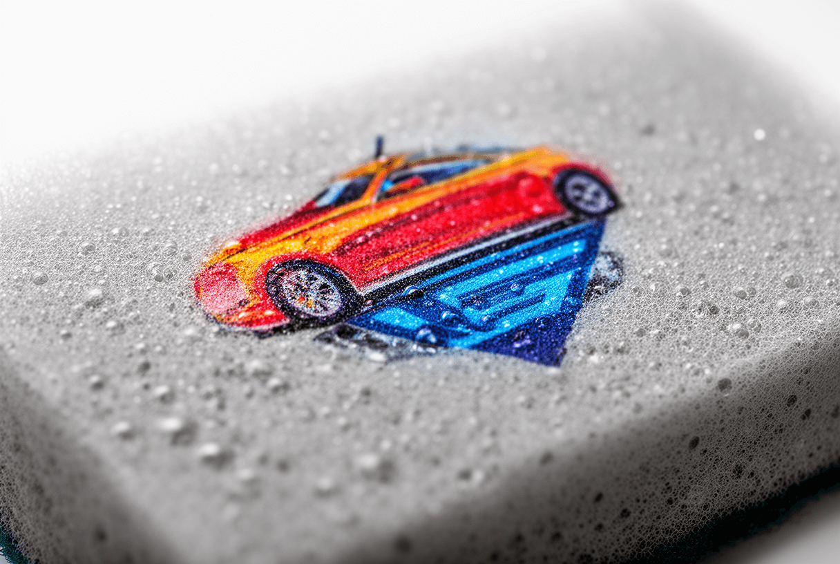 gros plan texture mousse et logo sur éponge voiture publicitaire